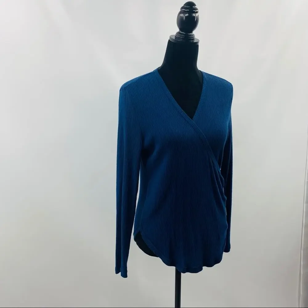 Caslon Dark Blue Faux Wrap V Neck Ribbed Tee - Picture 3 of 10